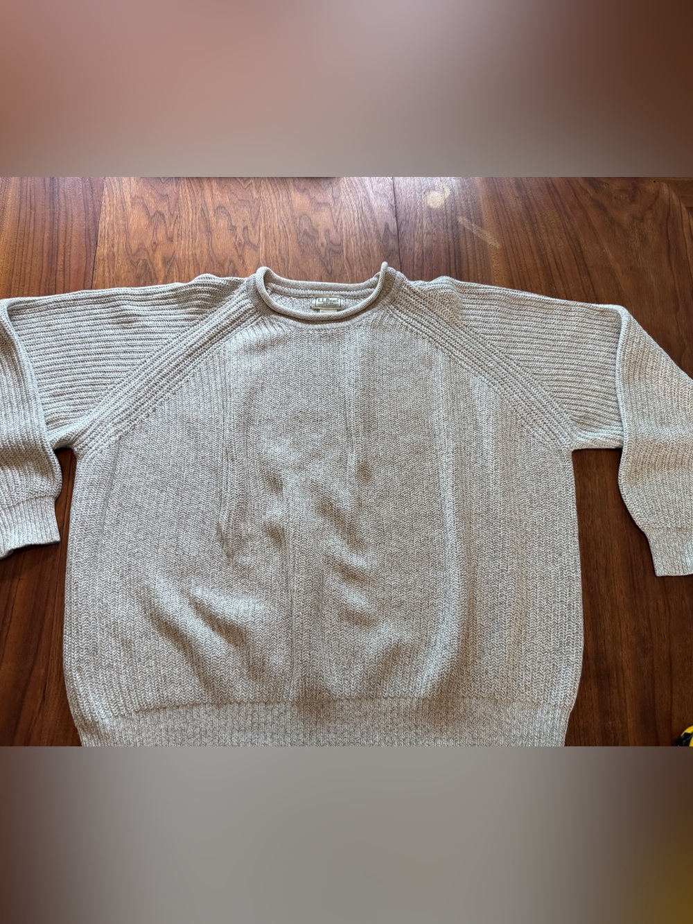 LL Bean Roll Neck Cotton Oatmeal Heather Cotton Knit Shaker Sweater Men’s XL EUC